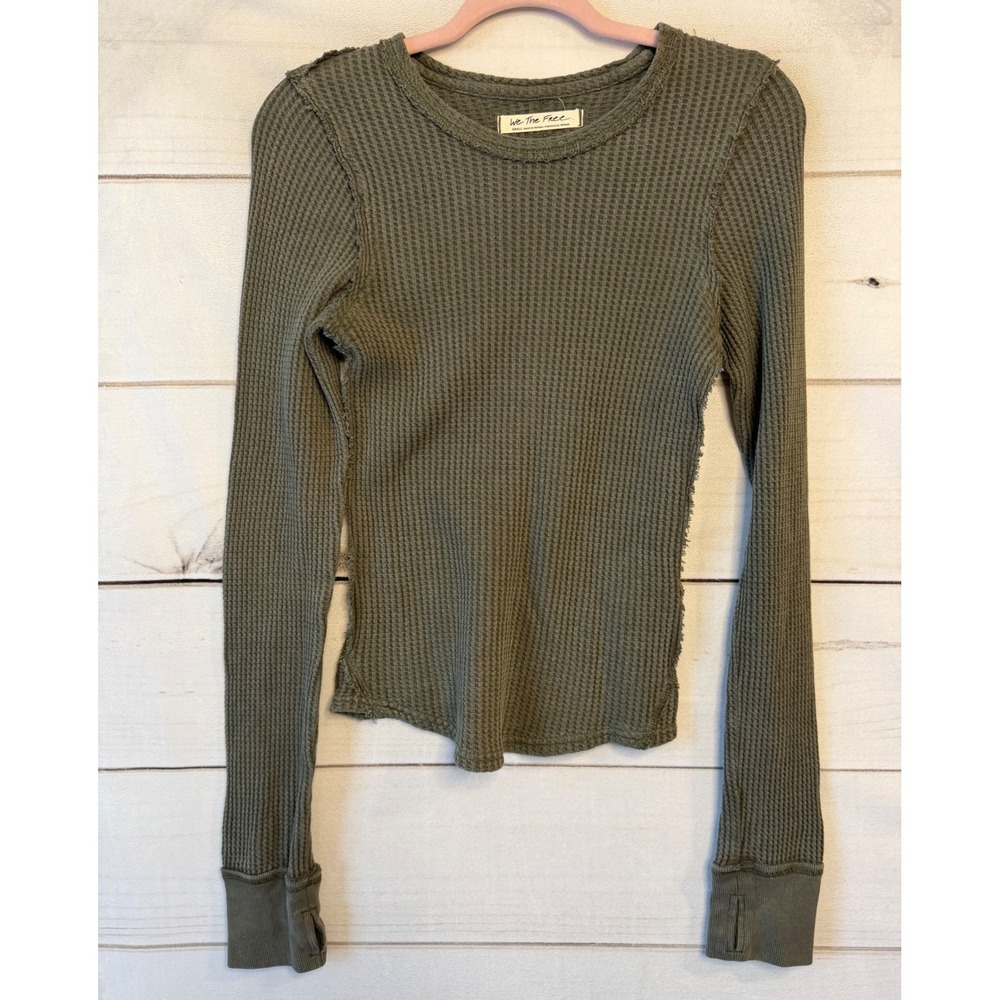 We The Free Free People Olive Green Waffle Knit Thermal Thumbhole Top Small